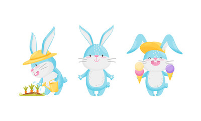 Cute Rabbit with Long Ears Watering Carrot, Standing and Eating Ice Cream Vector Set