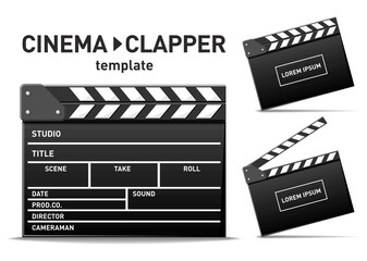Fototapeta na wymiar Movie Film Clap Board template. Opened and close up cinema clapper. Vector on transparent background 