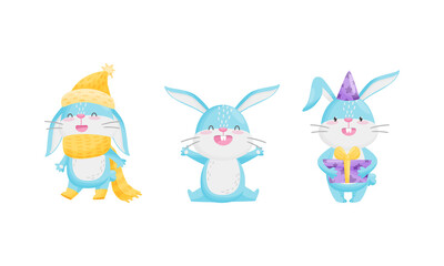 Cute Rabbit with Long Ears in Birthday Hat Holding Gift Box and Wearing Scarf Vector Set