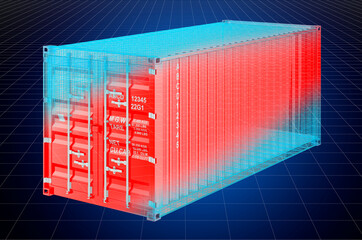 Visualization 3d cad model of cargo container, blueprint. 3D rendering