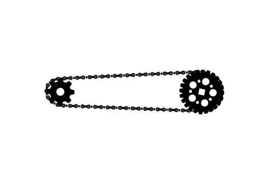 Bicycle transmission cogwheels connected by bicycle chain on white
