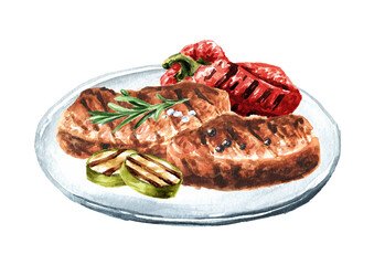 Grilled beef steak with vegetables on the plate. Watercolor hand drawn illustration, isolated on white background