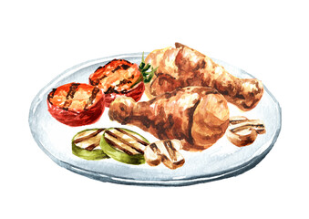 Grilled chicken legs with vegetables. Watercolor hand drawn illustration, isolated on white background