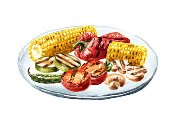 Grilled vegetables and mushrooms on the plate. Watercolor hand drawn illustration, isolated on white background