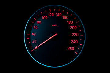 Close up shot of a tachometer in a car. Car dashboard. Dashboard details with indication lamps. Car instrument panel. Dashboard with speedometer, tachometer, odometer. Car detailing.