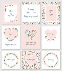 Vector templates with floral decoration. Set of cards with flowers. Wedding invitations, greeting cards, invitation background design.