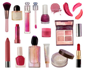 Watercolor cosmetic icons isolated on white background. Makeup clipart, elements for a beauty blog, watercolor beauty clipart, self-care, fashion illustration.