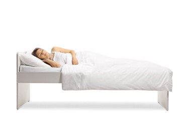 Young woman sleeping peacefully in a single bed under a duvet cover