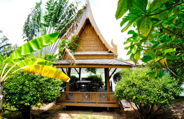 Gazebo for relaxation surrounded by palm trees and tropical trees