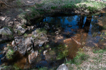 Creek pond with rocks and blue sky reflection 1