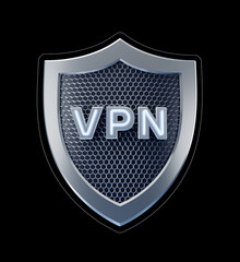 VPN Security. Metallic shield with the VPN abbreviation in center of it are isolated on black background. 3D rendering graphics on the theme of Virtual Private Network.