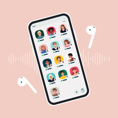 Social media clubhouse app for drop-in audio chat application on smartphone. The screen of the device with avatars of community members. Vector illustration in flat style - obrazy, fototapety, plakaty