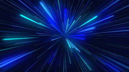 Abstract tunnel from digital neon lights on dark background. Futuristic sparkling lines of dark blue and green colors. Technology and cyber glow concept with copy space