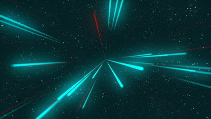 Abstract tunnel from digital neon lights and stars on dark background. Futuristic sparkling lines of dark green and red colors. Technology and cyber glow concept with copy space