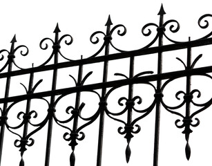 Black wrought iron front garden. Metal fence made of forged steel. Close up. Isolated on white background.