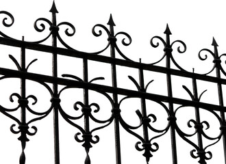 Fototapeta na wymiar Black wrought iron front garden. Metal fence made of forged steel. Close up. Isolated on white background.