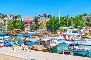 Walk along the boats of Antalya port, Turkey