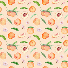 Fototapeta na wymiar watercolor pattern with peaches on beige background