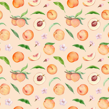 watercolor pattern with peaches on beige background