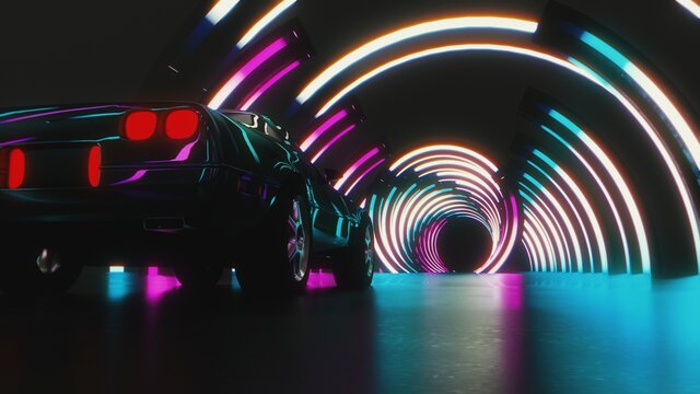 Car arriving at synthwave themed tunnel, neon lights, retrowave, animation, game. 3D Illustration