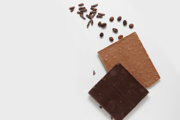chocolate background with coffee top view on white background