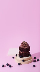 Vertical banner with gluten free cake with blueberry and carob. Homemade chocolate cake with raw berries on modern circle and square podiums on pink background. Creative food photo. Copy space