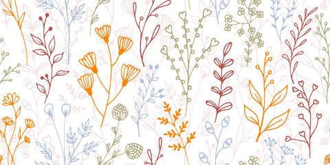 Field flower branches natural vector seamless pattern. Cozy herbal textile print. Meadow plants foliage and stems wallpaper. Field flower sprigs doodle seamless background