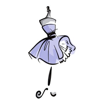 Illustration of a lush purple dress on a mannequin. For business cards and postcards.