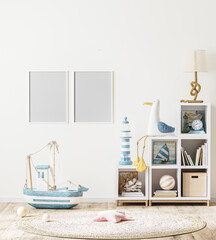 blank poster frame mock up in scandinavian style children's room interior with kids shelf with books and toys, 3d rendering