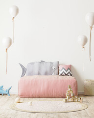 kids room empty wall mock up, children's room with pink sofa and soft toys, playroom interior background, 3d rendering