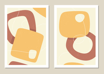 Wall art with abstract shapes and figures in trendy colors. Vector illustration.