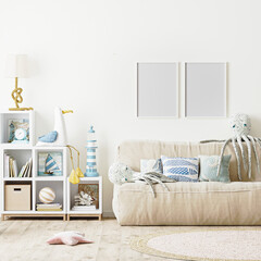 blank poster frame mock up in Modern Kids bedroom interior background, scandinavian style, 3d rendeing