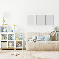 blank poster frame mock up in Modern Kids bedroom interior background, scandinavian style, 3d rendeing