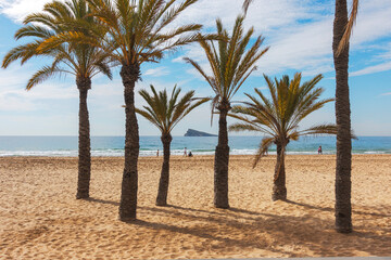 Popular spanish resort Benidorm, Spain. Almost empty Levante beach on a sunny day