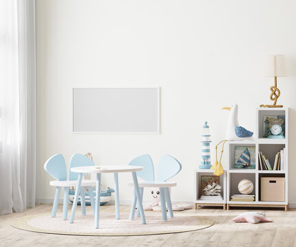 blank horizontal frame in Bright children's room with kids table and shelves near window, kids furniture, 3d rendering