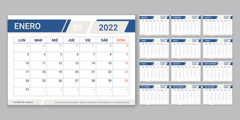 2022 Spanish calendar planner. Week starts Monday. Vector. Calender template with 12 month. Table schedule grid. Yearly organizer layout. Horizontal monthly diary. Simple illustration. Paper size A5.