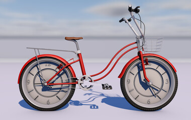 3D rendering of a red bicycle with a clock in wheels
