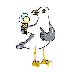 Seagull shows ice cream. Cartoon doodle vector illustration isolated on white background. Fun marine bird character.