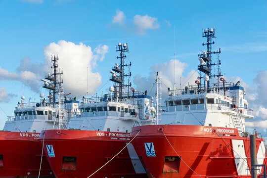 The three Platform Supply Vessels Vos Producer, Vos Prominence and Vos Power in the harbour of Harlingen. Build in 2007 and in 2020 sold to be recycled.