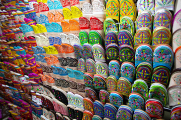 Fototapeta na wymiar traditional moroccan slippers shoes on a store 