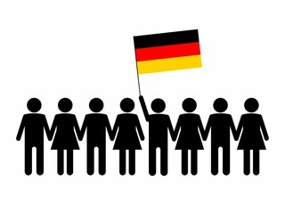Fototapeta na wymiar Sketch of a crowd and a leader with the flag of Germany. Protests concept. Vector flat illustration.