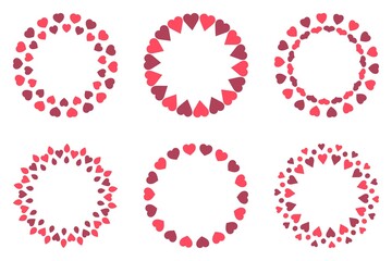 Collection of round decorative borders with pink hearts. Design templates. Elements for wedding, holiday and greeting cards. Vector illustration.