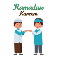 Two children are shaking hands to forgive each other to welcome the month of Ramadan.