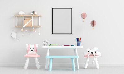 White child room with frame mockup, 3D rendering