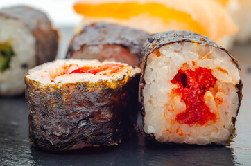 Closeup of  red pepper hosomaki roll, traditional Japanese food