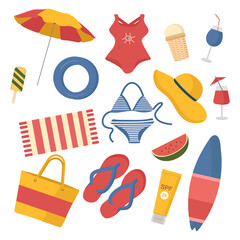 A set of different elements on the theme of the beach on a white background