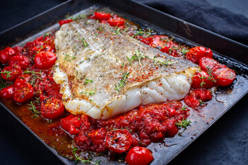 Traditionelles gebackenes Skrei Kabeljau Fisch Filet mit Tomaten Salsa Ragout und Kräuter serviert als close-up auf einem rustikalen Metal Tablett