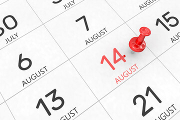 3d rendering of important days concept. August 14th. Day 14 of month. Red date written and pinned on a calendar. Summer month, day of the year. Remind you an important event or possibility.
