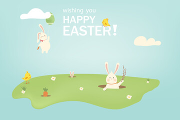 Happy Easter. Easter Rabbit Bunny with eggs, grass, flowers in field. Cute cartoon rabbit character with chicken, Paschal egg. Design template for Banner, flyer, invitation, greeting card, poster.