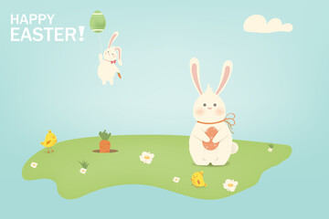 Happy Easter. Easter Rabbit Bunny with eggs, grass, flowers in field. Cute cartoon rabbit character with chicken, Paschal egg. Design template for Banner, flyer, invitation, greeting card, poster.